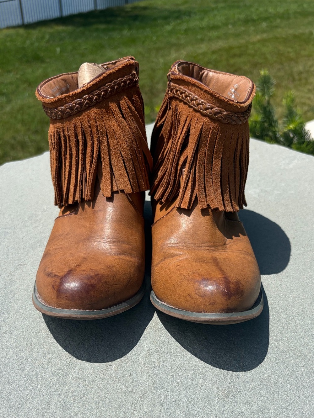 Arcadia Brown Leather Fringe Ankle Boots Size 8 | Western Boho Festival Cowgirl